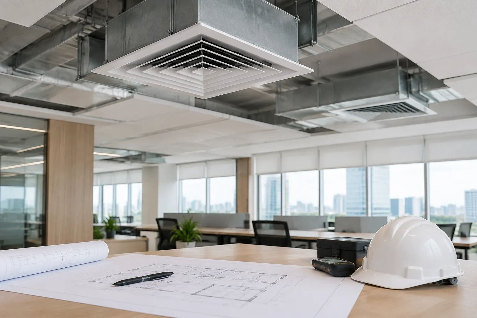 Perangkat ventilasi plafon di atas meja rencana kantor