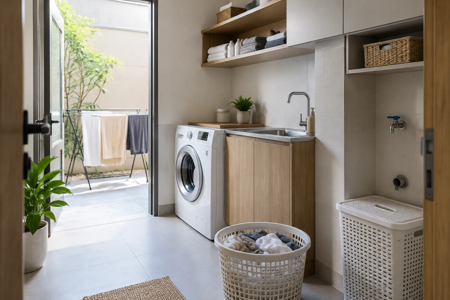 Bak cuci dan mesin cuci berada dekat jalur keluar ruang laundry