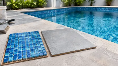 Sampel ubin biru dan ubin tepi di samping kolam renang