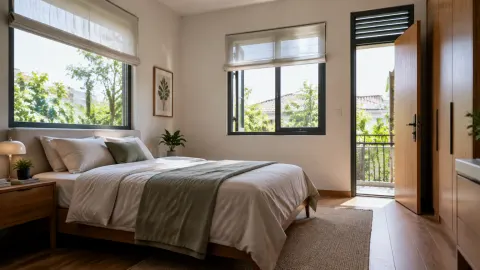 Kamar tidur dengan jendela dan pintu menuju area luar