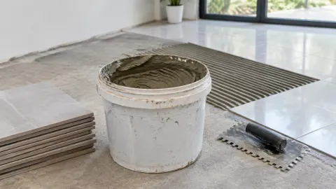 Ember perekat dan alat pasang di samping contoh bahan lantai
