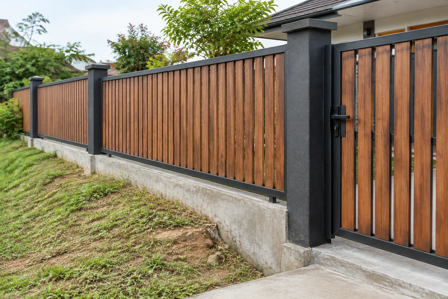 Panel pagar kayu dan logam pada tepi halaman