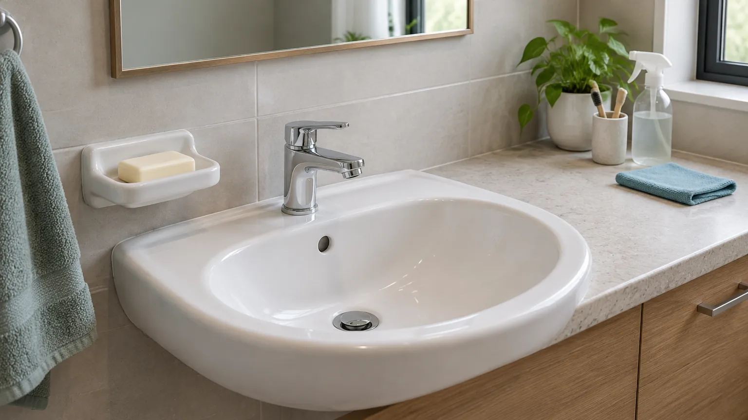 Wastafel putih dengan keran dan perlengkapan kamar mandi
