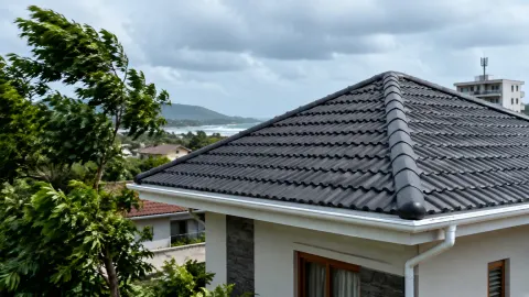 Atap rumah berubin gelap di bawah langit mendung