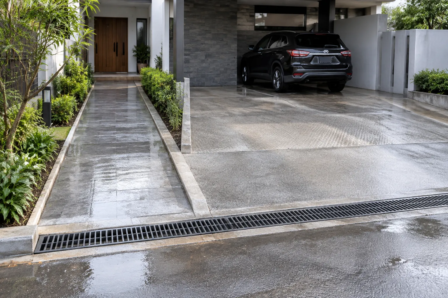 Saluran melintasi tepi carport di antara jalur kendaraan dan jalan kaki