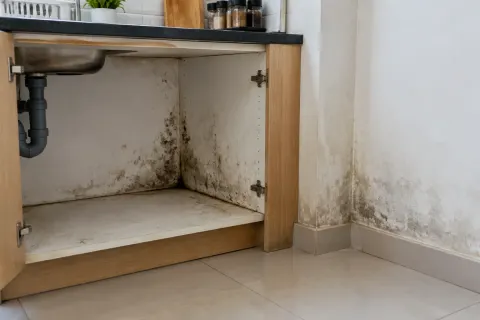 Noda gelap di bawah wastafel dan pada kabinet dapur