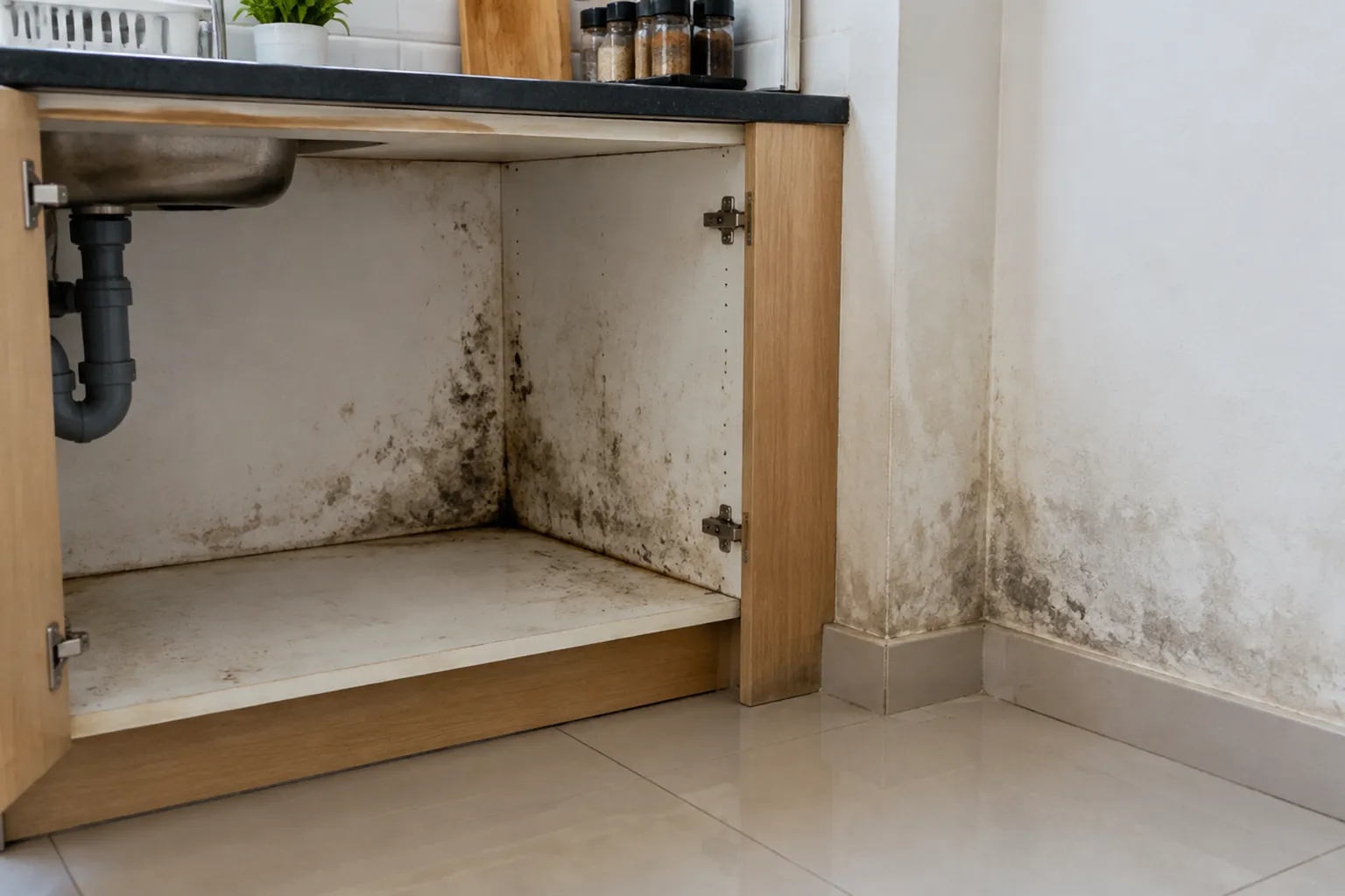 Noda gelap di bawah wastafel dan pada kabinet dapur