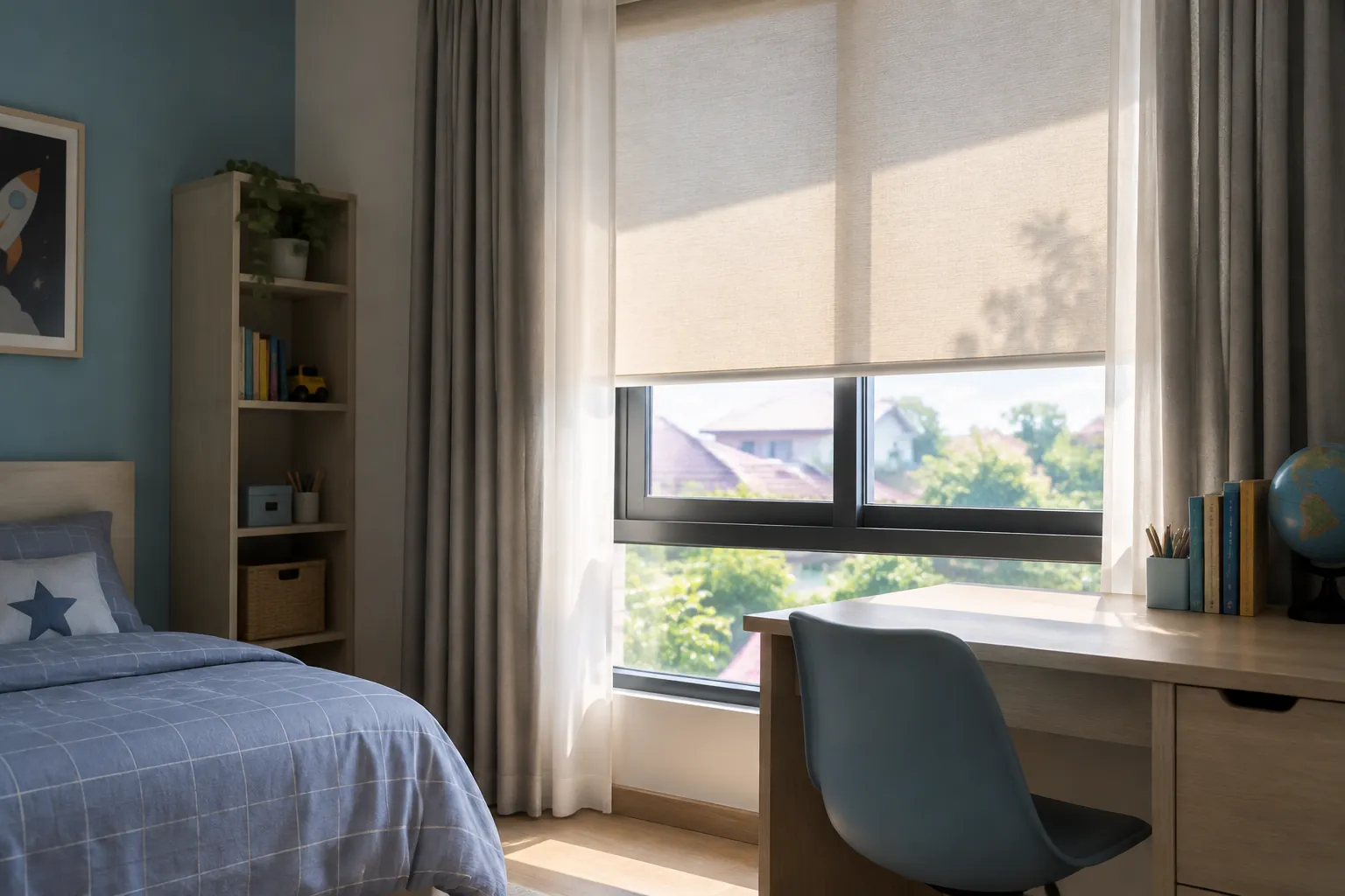 Tirai tipis meneruskan cahaya siang ke meja kamar anak