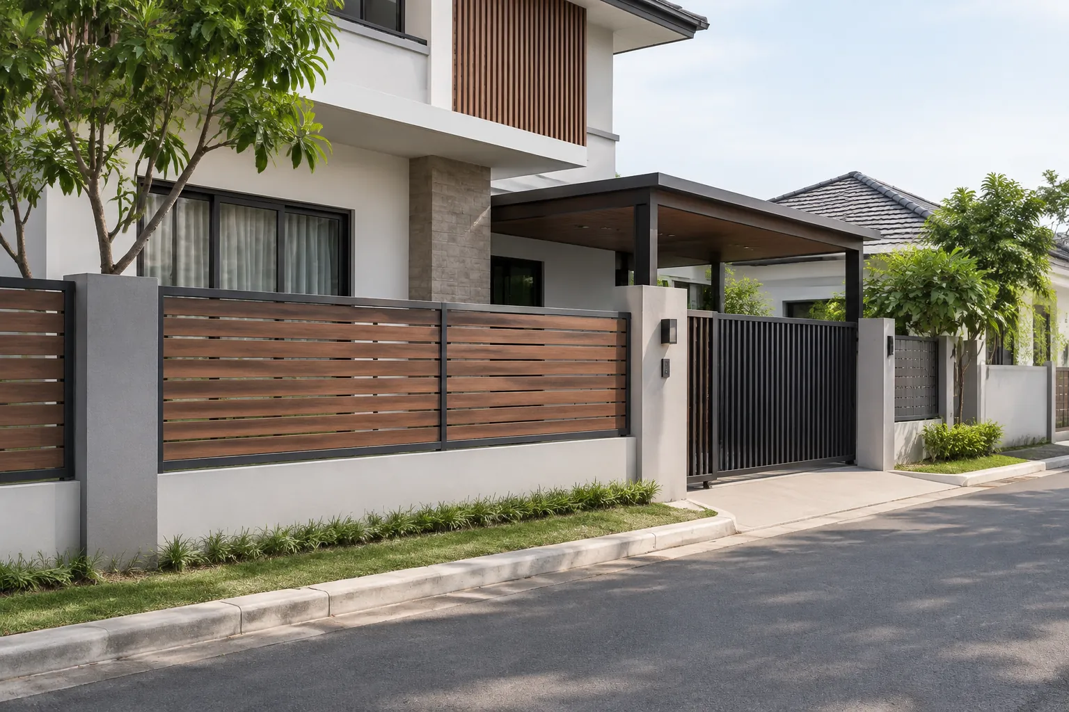 Pagar panel kayu pada halaman rumah modern