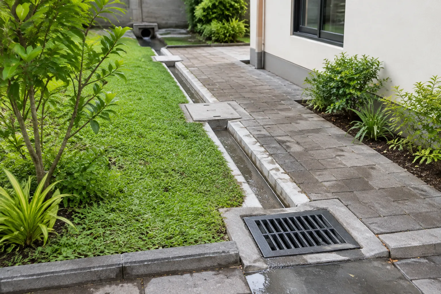 Saluran drainase dari kisi halaman menuju jalur tepi rumah