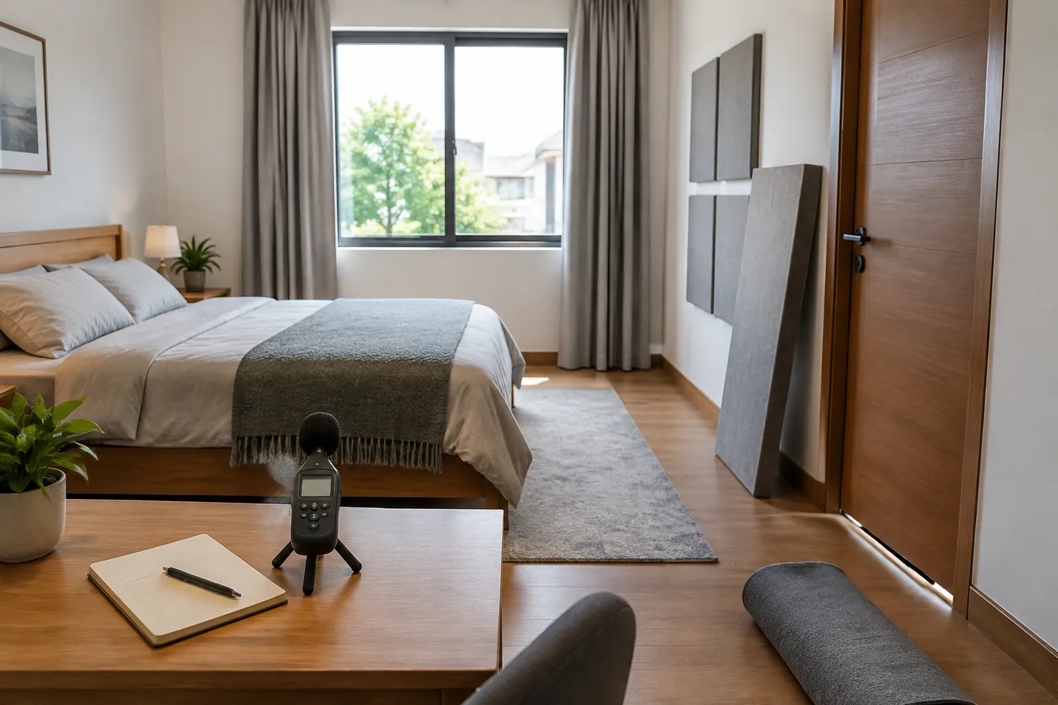 Alat ukur diletakkan di meja saat kondisi kamar tidur diperiksa