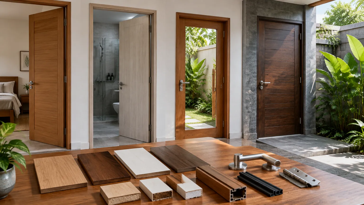 Beberapa pintu contoh kayu di ruang pamer