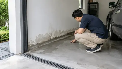 Seseorang memeriksa lembap pada pertemuan lantai dan dinding garasi