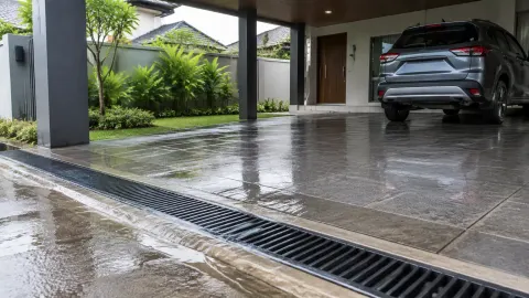 Carport basah dengan saluran air di bagian depan