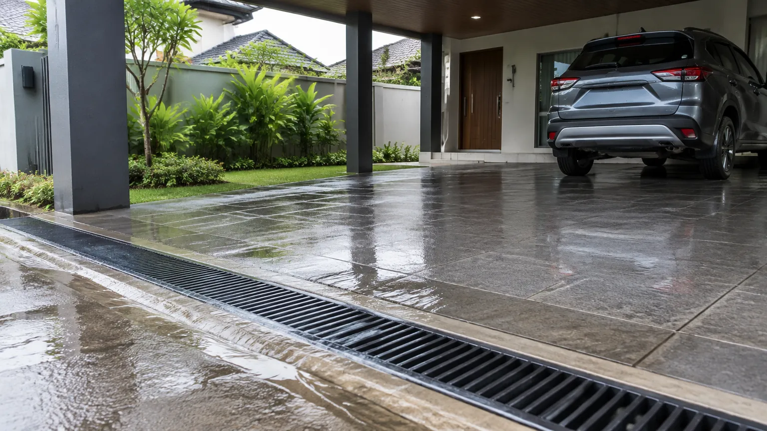 Carport basah dengan saluran air di bagian depan