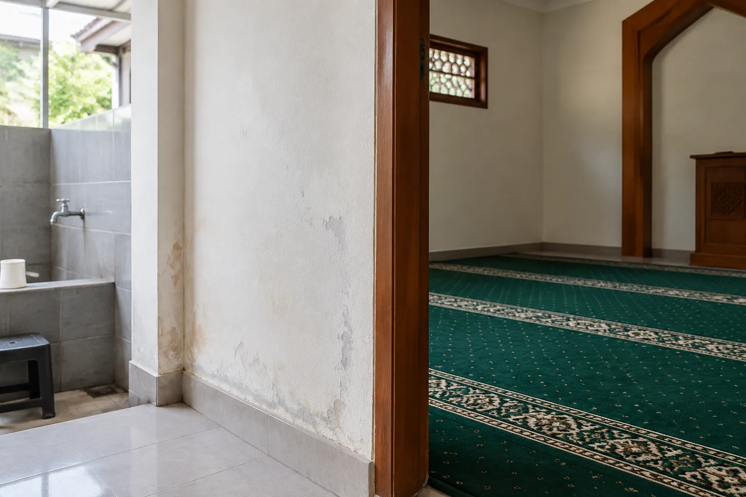 Dinding dekat pintu musala menunjukkan noda dan kerusakan permukaan