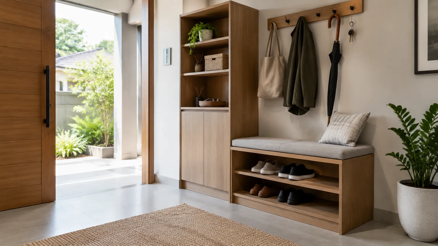 Foyer dengan bangku, rak sepatu, dan gantungan dekat pintu