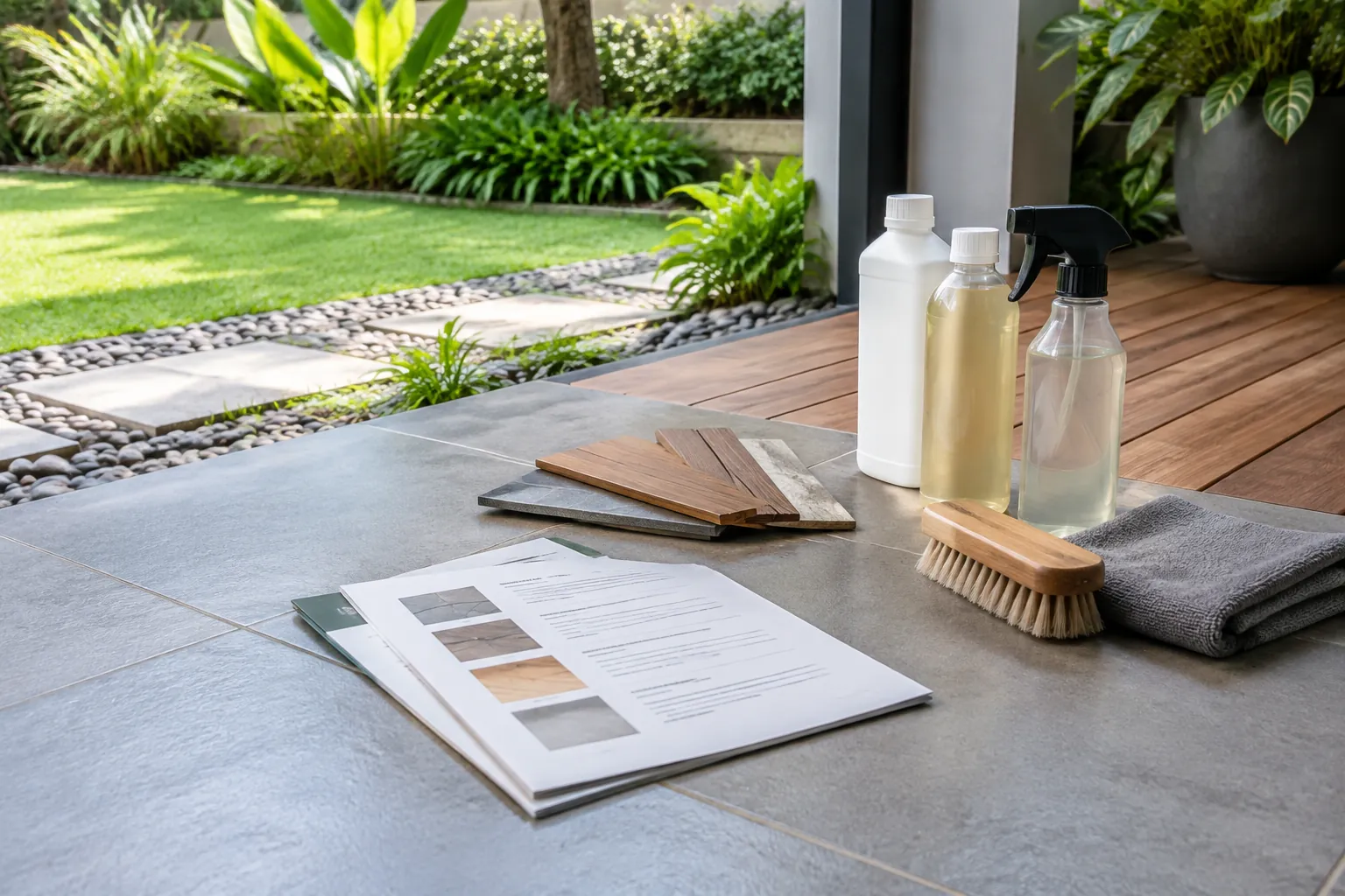 Sampel material dan botol pembersih di lantai teras