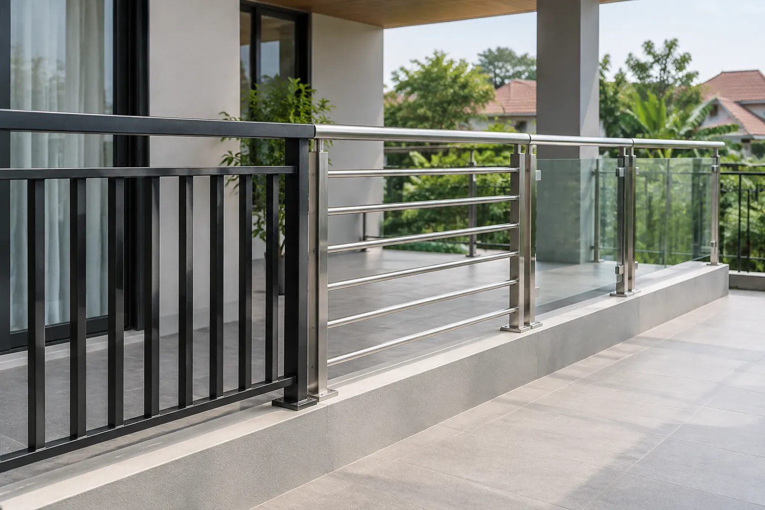 Dua jenis railing logam pada balkon beratap