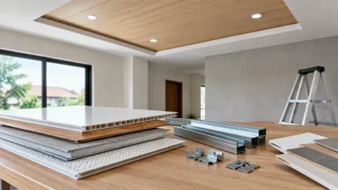 Sampel papan dan panel plafon di ruang tamu