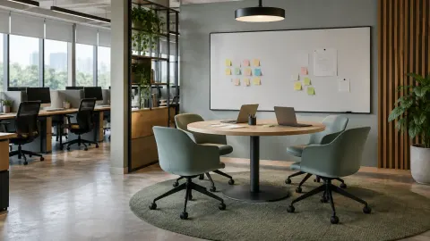 Ruang diskusi kantor dengan meja bundar dan papan tulis
