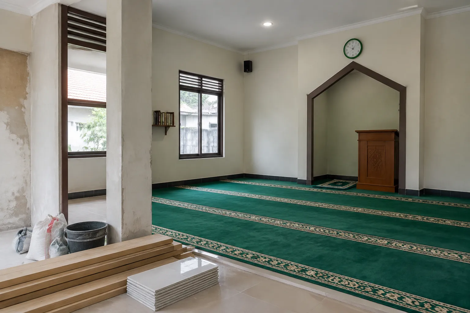 Material renovasi di depan ruang salat.