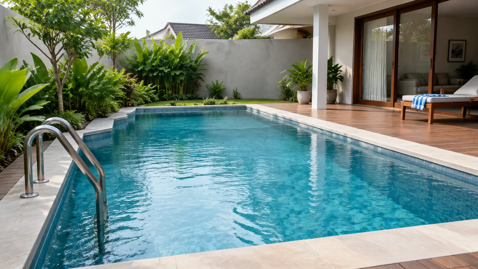 Kolam renang rumah dengan tangga dan teras