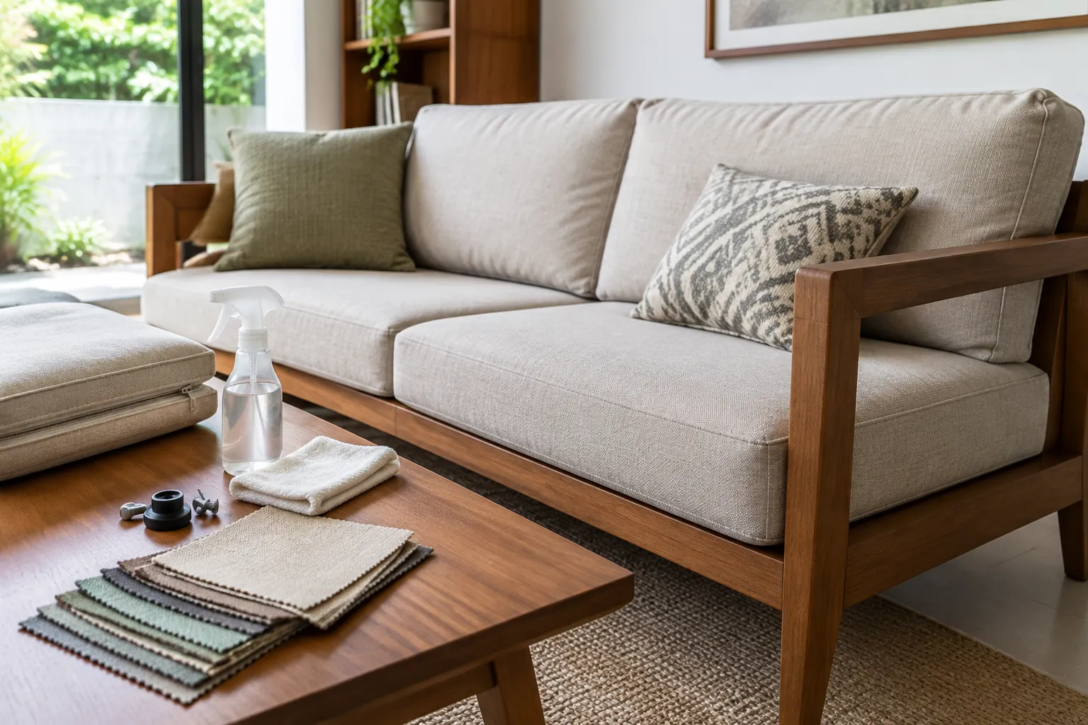 Contoh kain pelapis sofa tersusun di meja dekat sofa