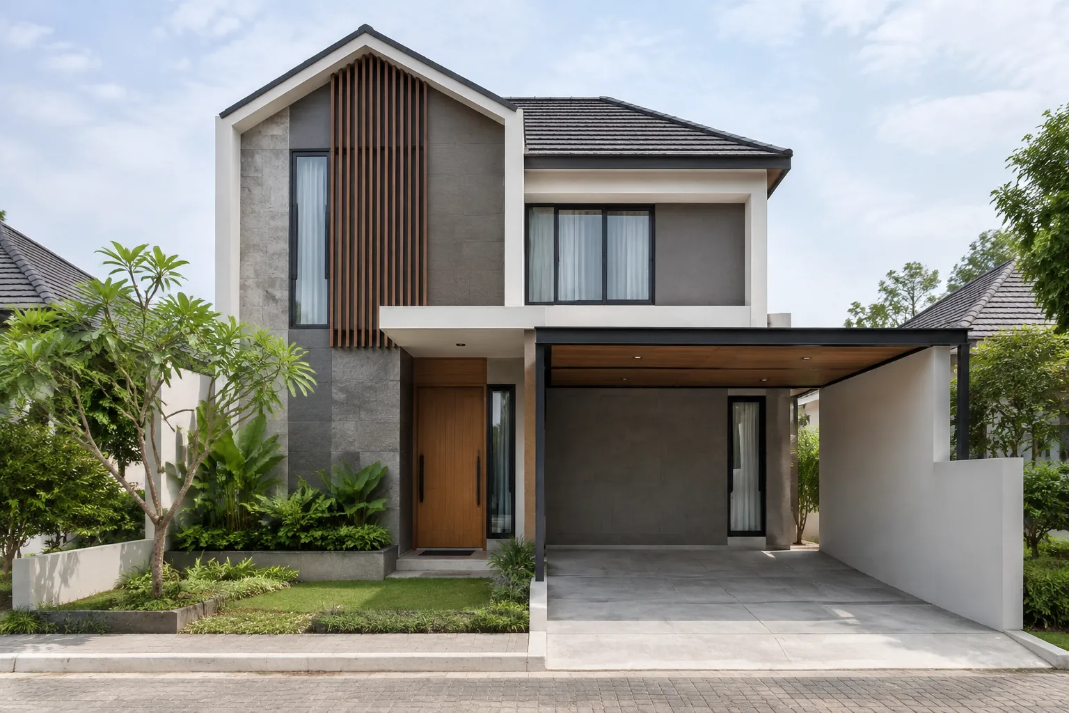 Fasad rumah modern dengan aksen vertikal di bagian atas