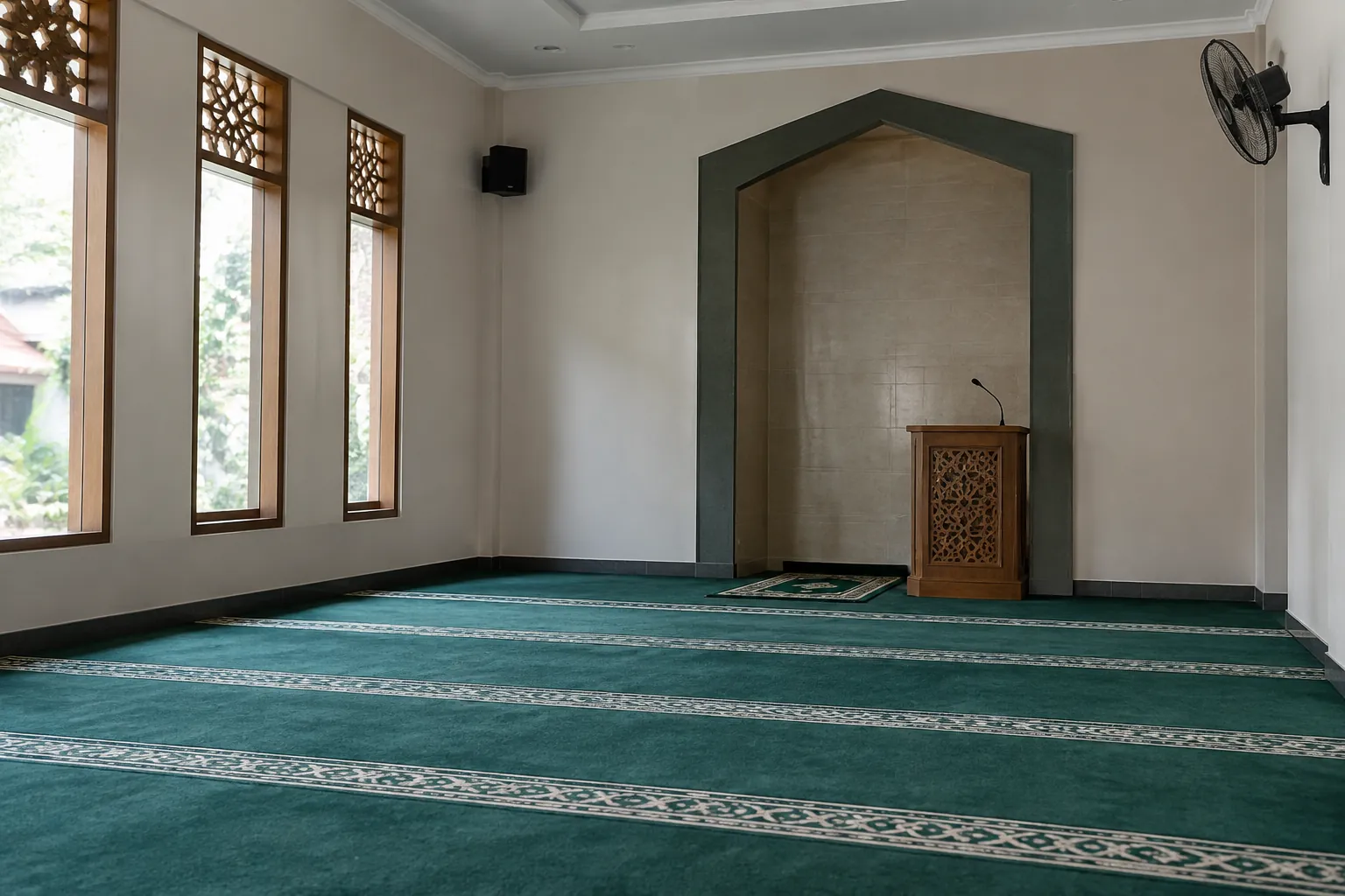 Karpet dan panel dinding di ruang musala dekat area depan