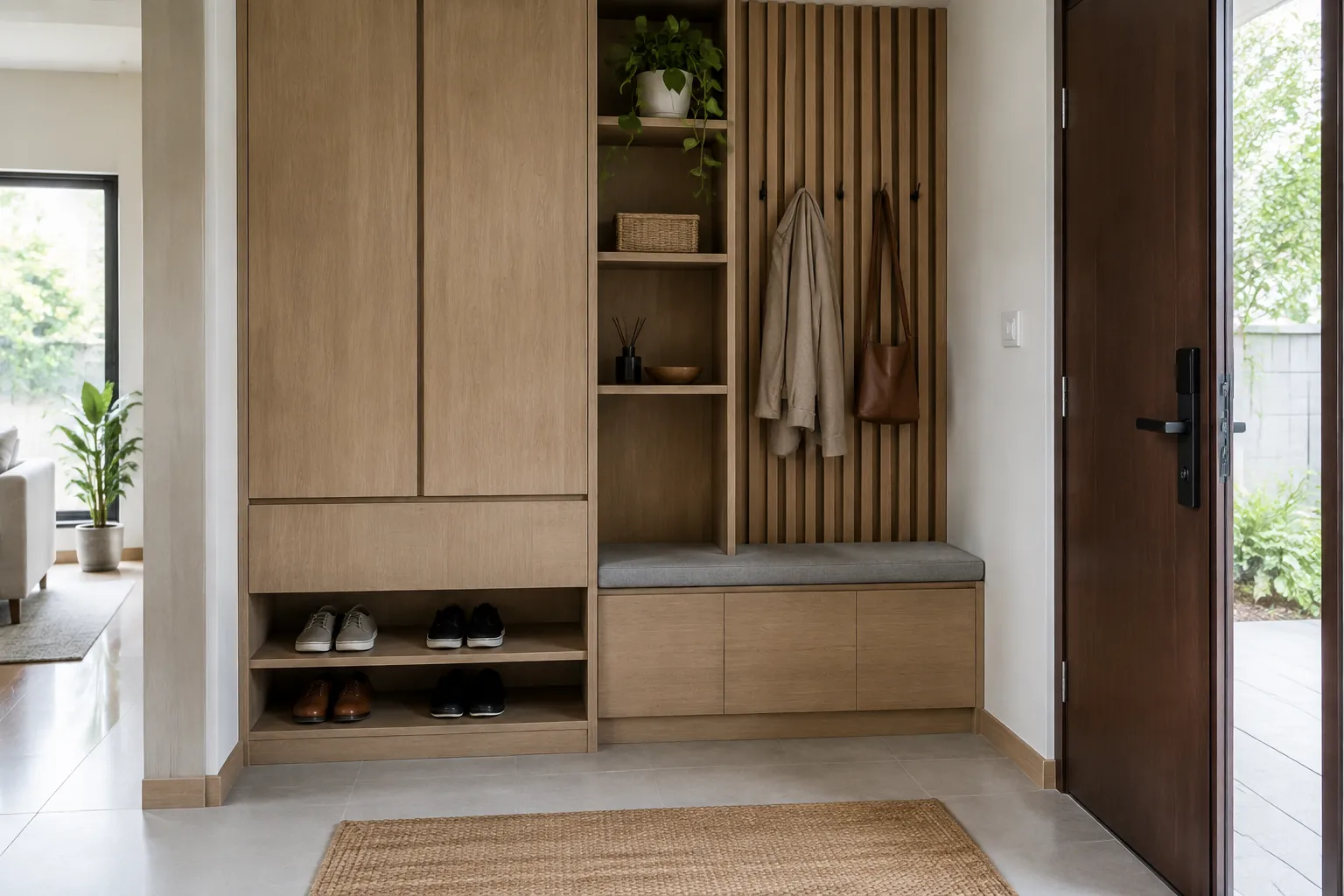Kabinet foyer dengan rak sepatu dan bangku