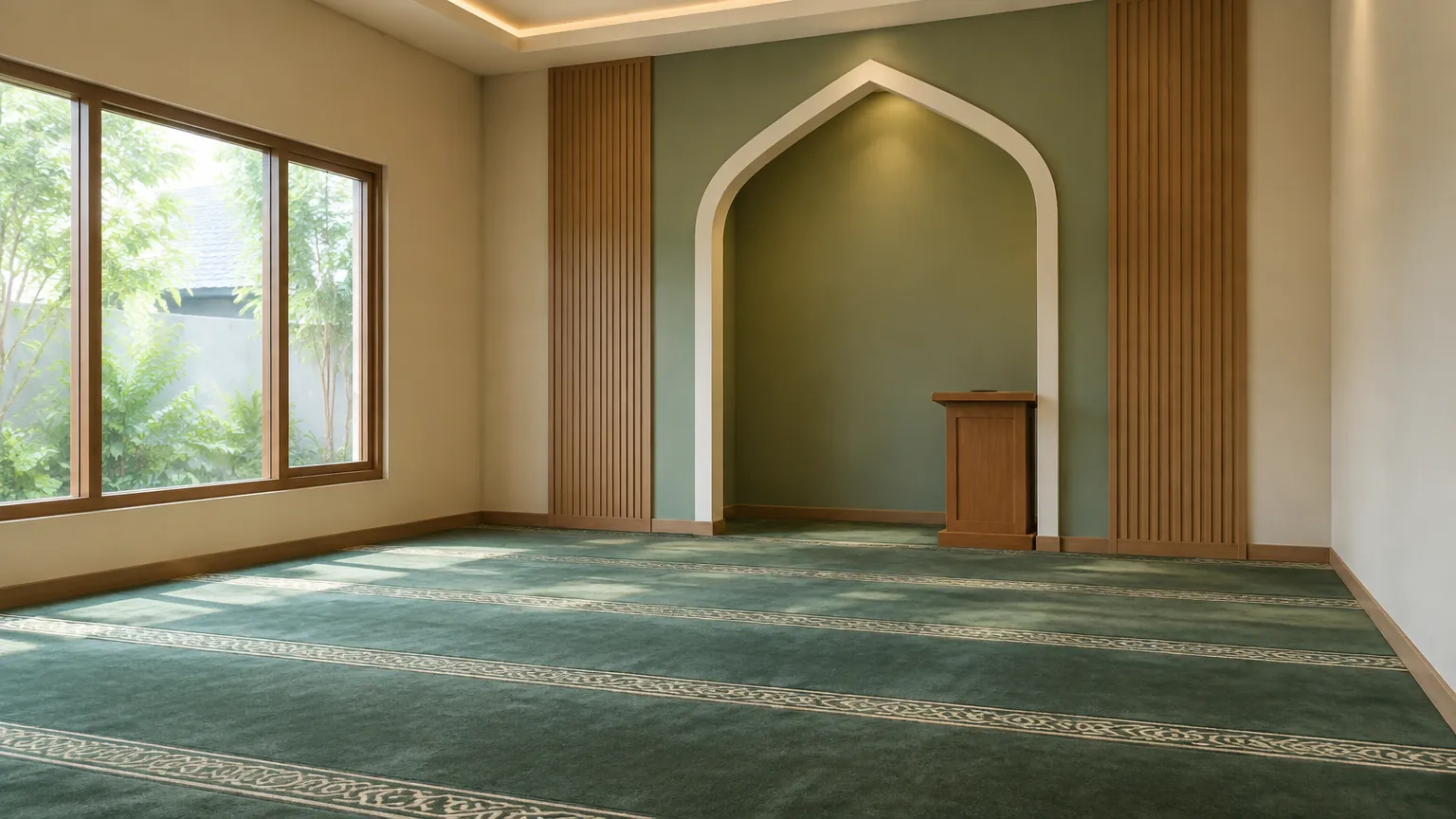 Musala dengan karpet hijau, dinding netral, dan panel kayu