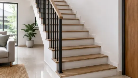 Tangga rumah dengan anak tangga kayu dan pagar hitam