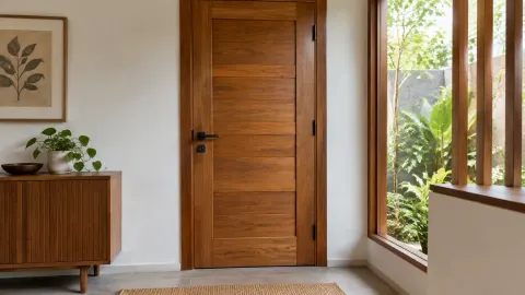 Pintu kayu solid dengan jendela di sisi ruang