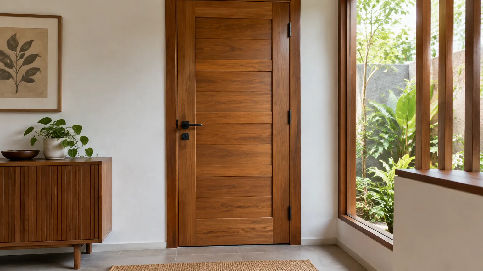 Pintu kayu solid dengan jendela di sisi ruang