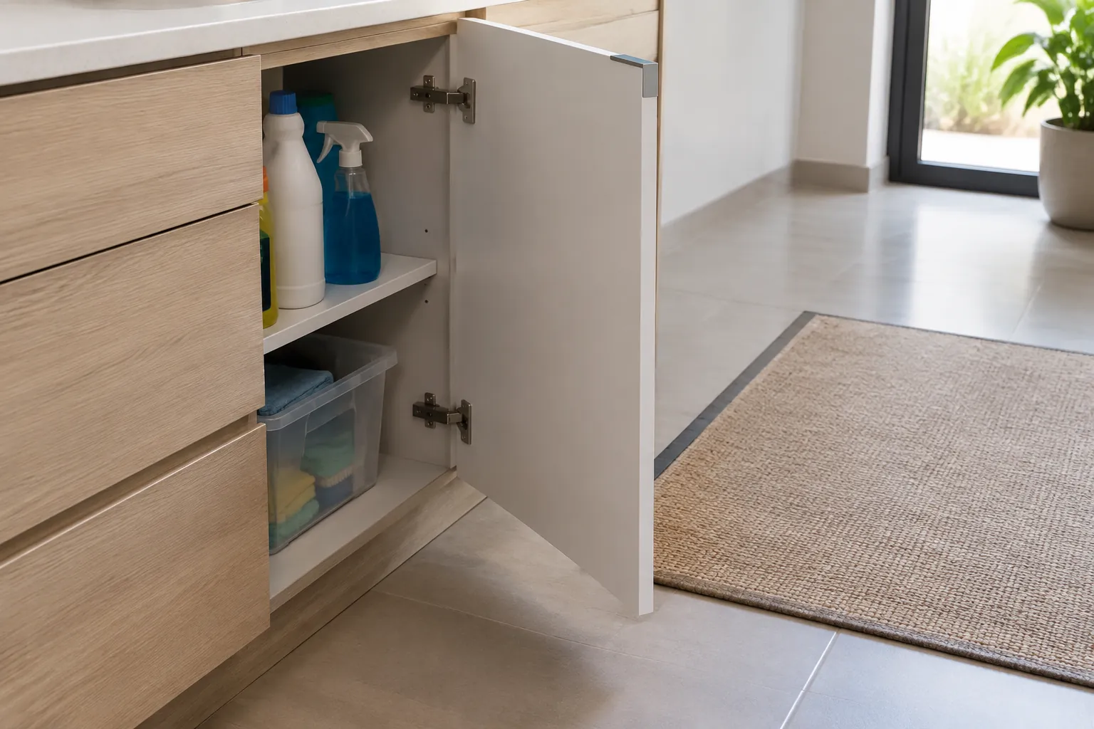 Kabinet dengan bahan pembersih tersimpan pada rak bawah