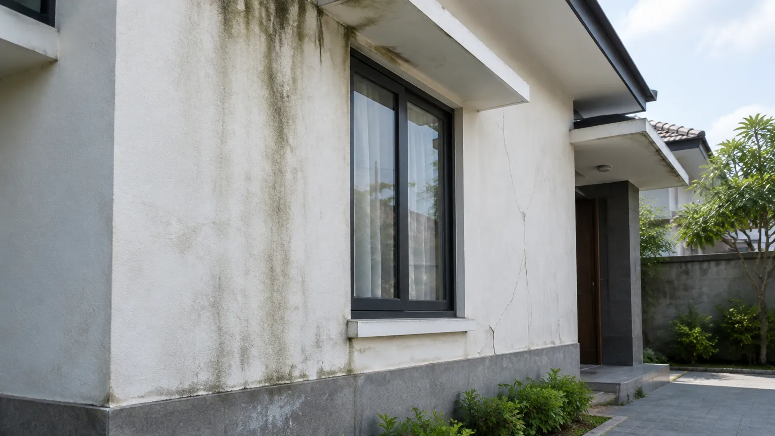 Bercak gelap dan lembap terlihat pada dinding fasad