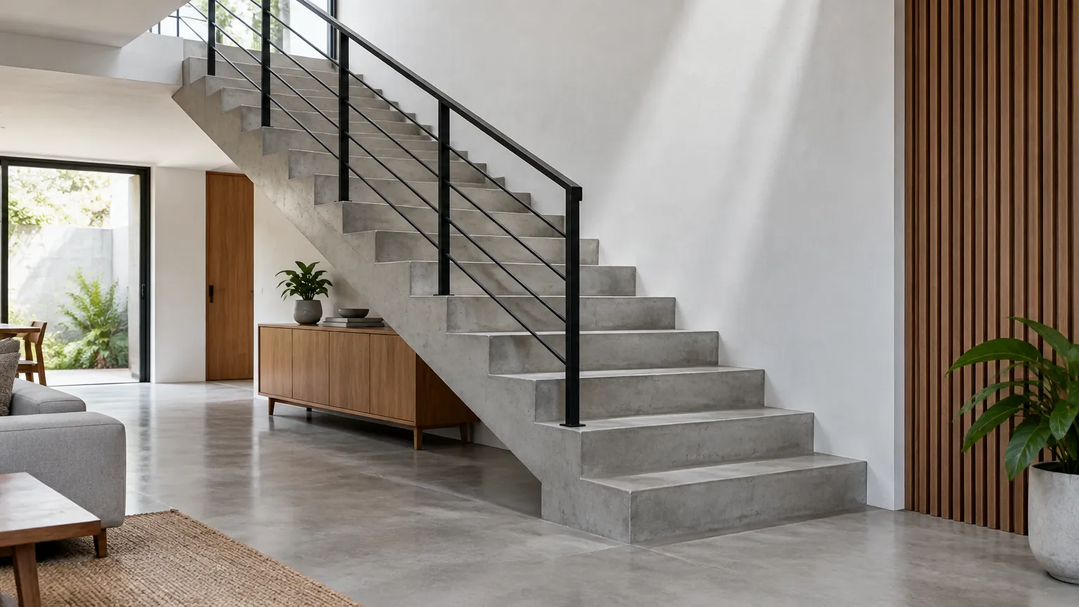 Tangga beton abu-abu dengan railing logam dalam rumah