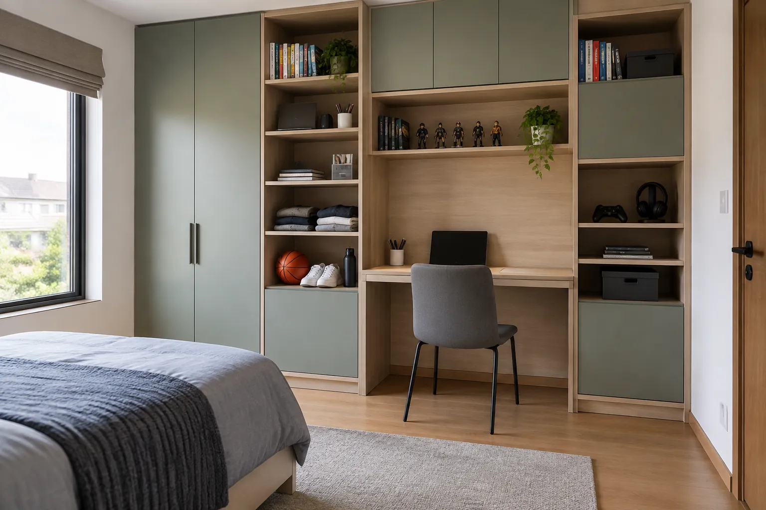 Rak, meja, dan lemari modular pada kamar remaja