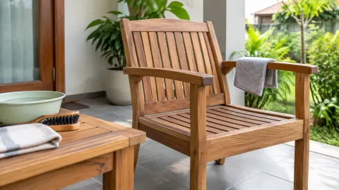 Kursi teras kayu dengan sikat dan kain pembersih di dekatnya