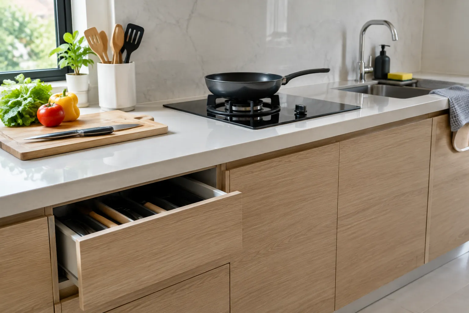 Laci kitchen set terbuka di bawah meja dapur