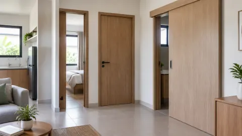 Beberapa pintu kayu menuju ruangan dalam rumah kecil