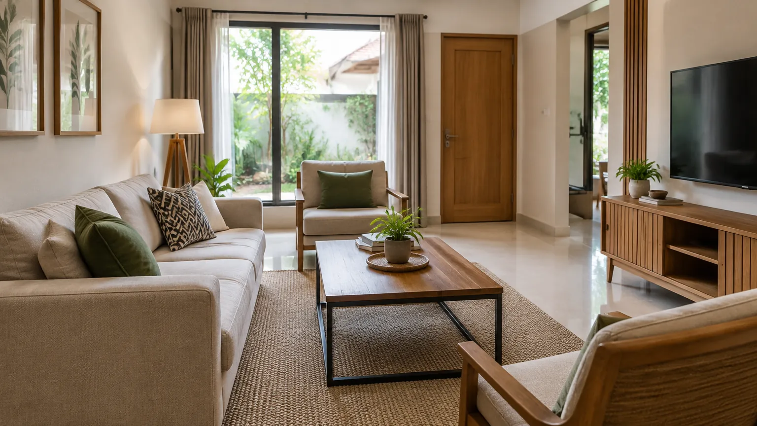 Ruang keluarga dengan sofa, kursi, meja, dan kabinet televisi