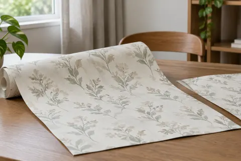 Sampel wallpaper bermotif daun di atas meja