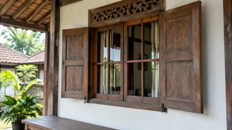 Jendela kayu pada rumah tradisional dengan daun terbuka