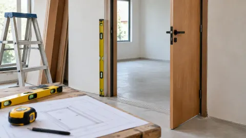 Pintu kayu sedang diukur pada bukaan ruang rumah