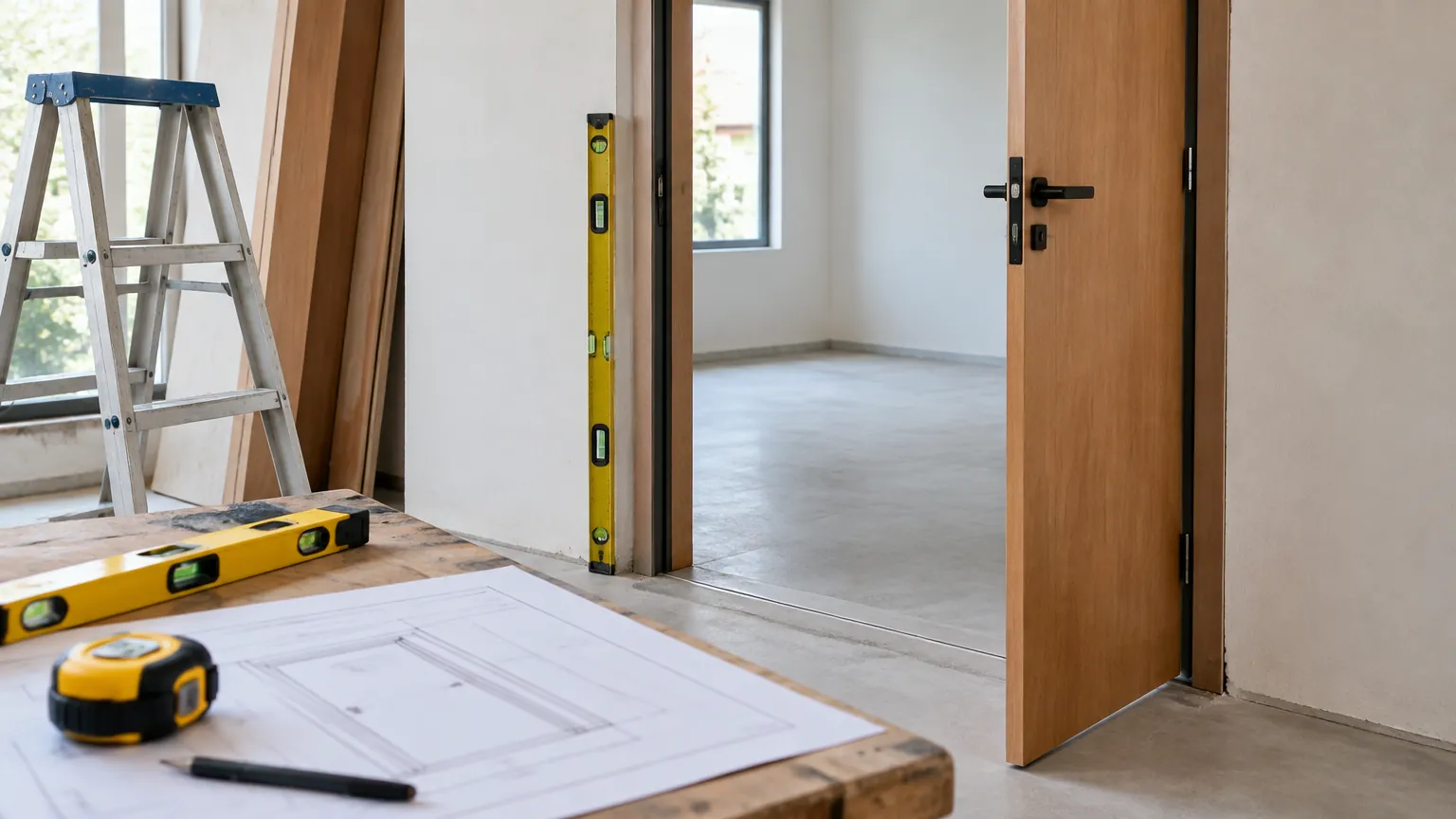 Pintu kayu sedang diukur pada bukaan ruang rumah