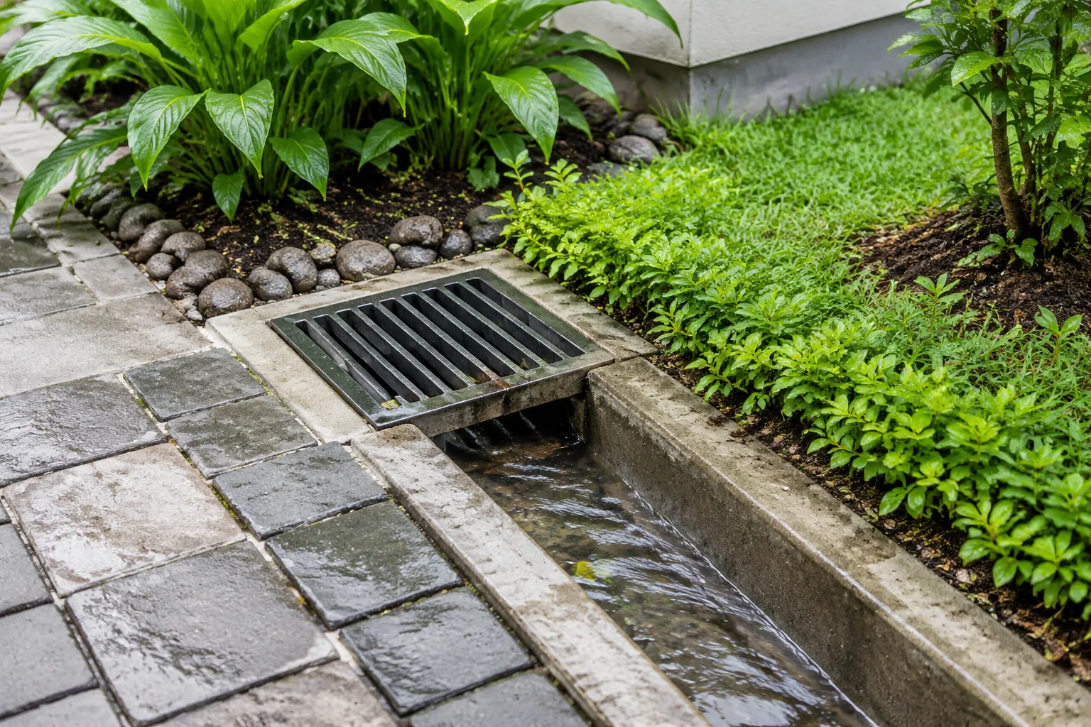 Kisi drainase dan saluran di tepi taman rumah