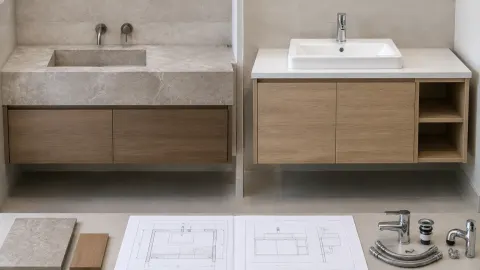 Dua contoh wastafel dengan bentuk dan kabinet berbeda di ruang contoh