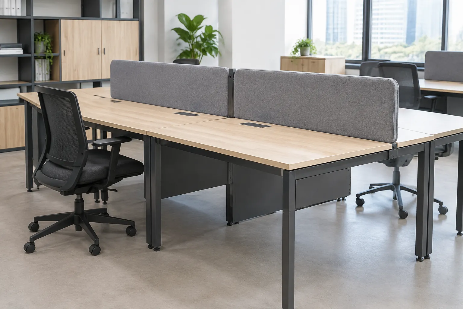 Modul meja kerja bersekat rendah tersusun di ruang kantor
